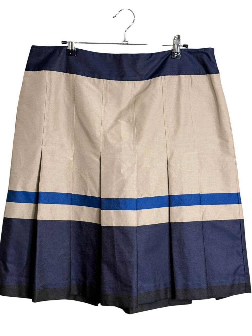 Ann Taylor Beige A-Line Pleated Skirt with Navy and Blue Stripes - Picture 3 of 7